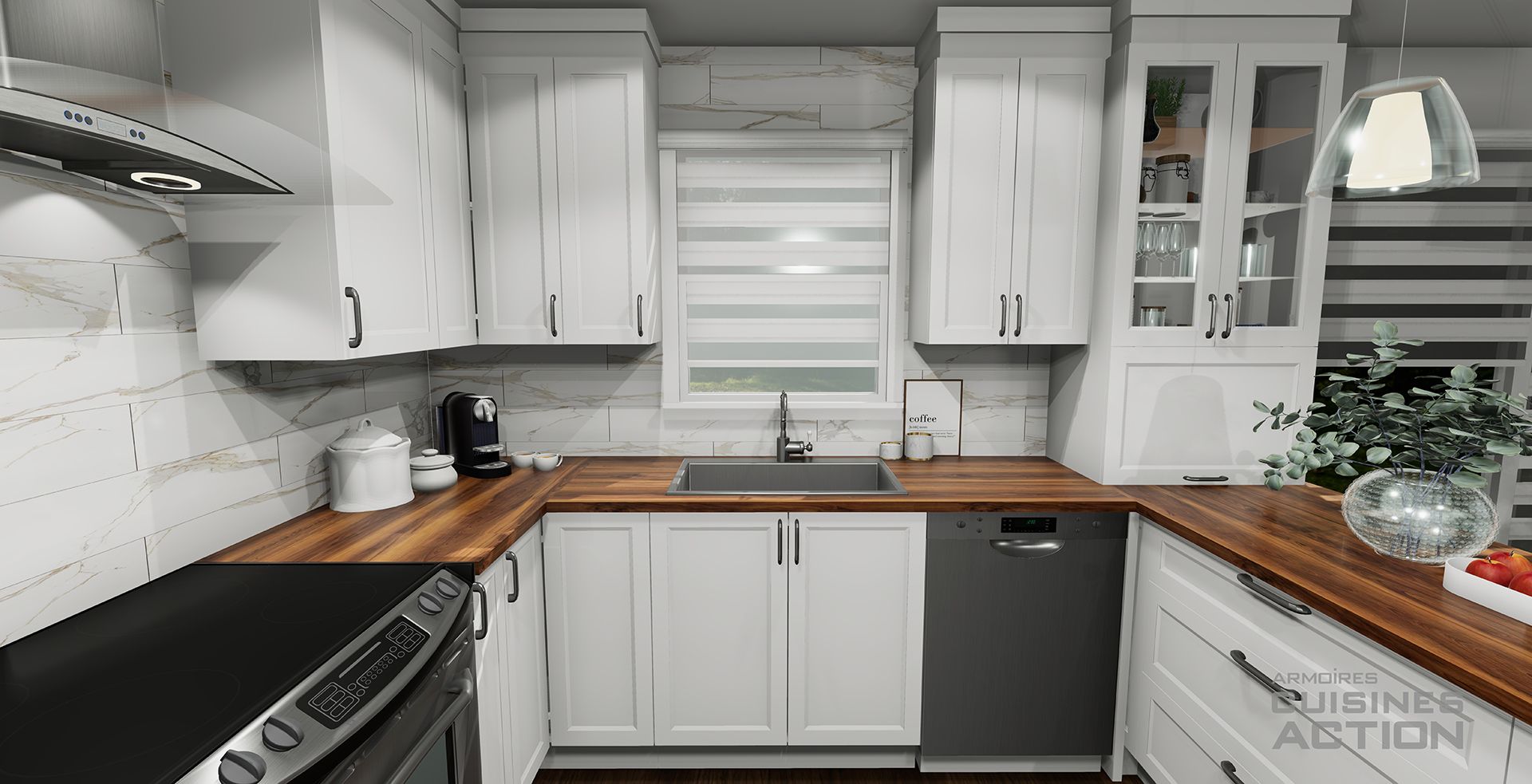 cuisine moderne polyester blanche comptoirs stratifié effet bois noyer naturel portes vitrées vue d'ensemble